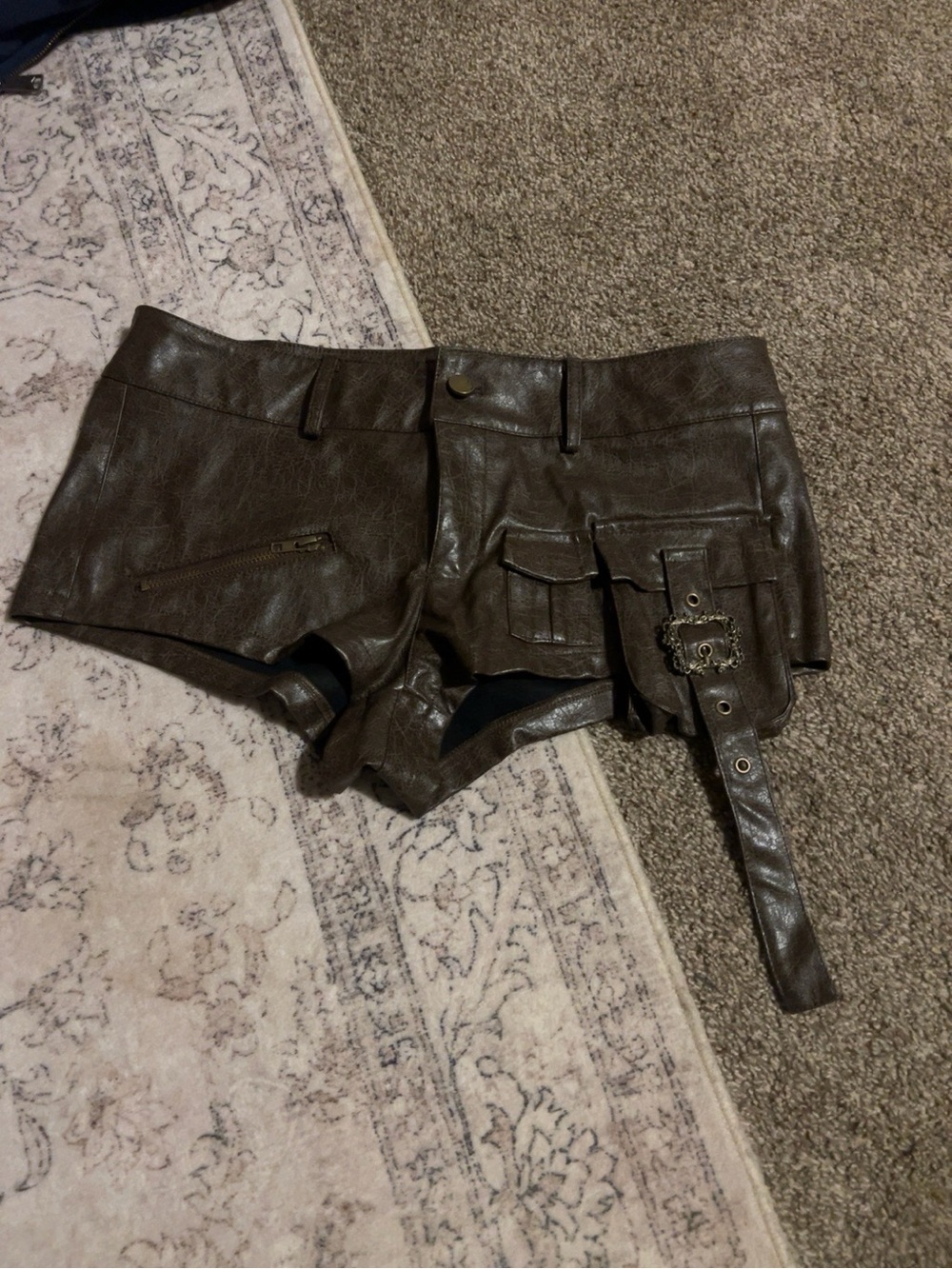 ROMWE Brown Faux Leather Micro Shorts Belted Cargo Buckle Moto Gothic Size M